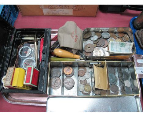 British Pre-Decimal Coinage, foreign coins, craft tools, penknives, rolled gold propelling pencil, etc:- One Tray.