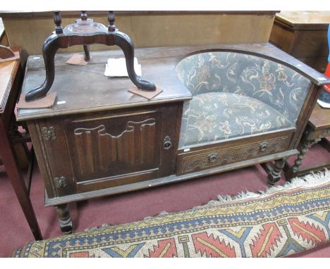 Oak Telephone Table, with upholstered seat, linen fold cupboard door, on turned and block supports,122cm, together with an oa