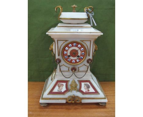 XIX Century French Marble Mabtle Clock, with movement by Japy Fils with a finial top, masked handles, circular dial with whit