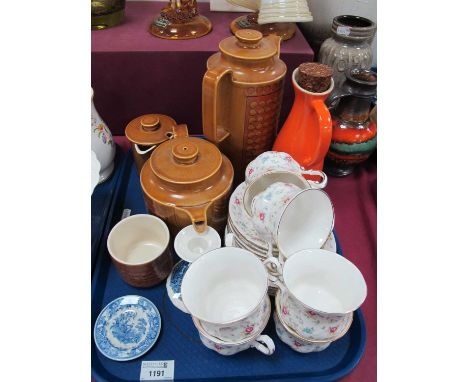 Hornsea 'Saffron' Tea and Coffee Pots, milk jug and sugar basin, Paragon First Choice teaware, Le Creuset oil bottle:- One Tr