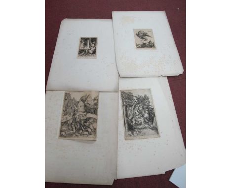 Early Engravings, to include table top harp, 15.5 x 11cm, Boars, Winged Mythological Bird and Garden Scene. (4)