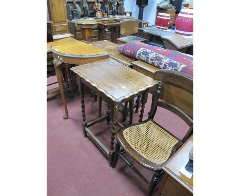 Walnut Demi Lune Side Table, 71cm wide, barley twist oak occasional table, bedroom chair. (3).