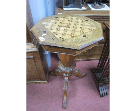 Mid XIX Century Walnut Games and Sewing Table, with a chess board top, fitted interior, tapering basket and carved cabriole l