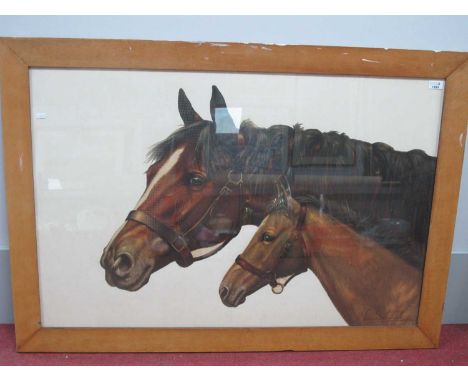 After Leon Danchin (1887 - 1938) Jument and Son, two head studies of racehorses, coloured print, 69.5 x 105cm.