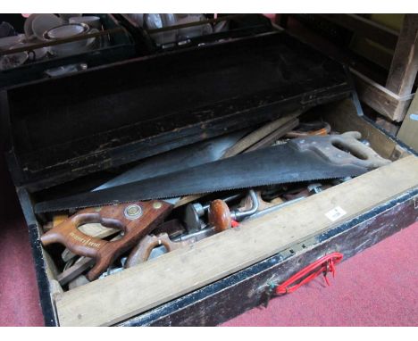 Large Toolbox Filled with Vintage Tools, including saws, hand drills, screwdrivers, hammers, etc, from Stanley, Ashton &amp; 