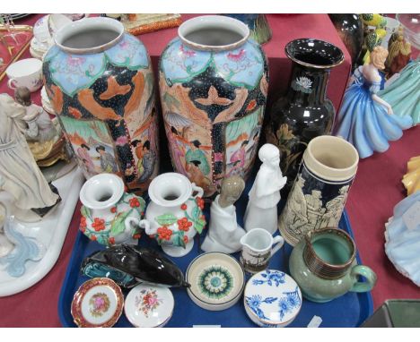 Pair of Continental China Urns, encrusted with berries, Ladro, Coalport, Poole, large Oriental vases, 30cm high, etc:- One Tr