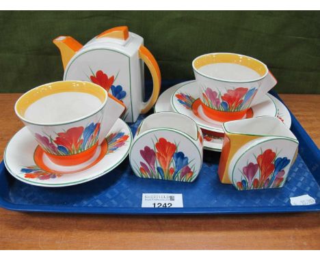 Wedgwood B.E, Clarice Cliff Tea For Two, limited edition of 75 firing days, in the Crocus Pattern, eight pieces