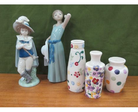 Lladro Figure of a Young Girl with Hat, Nao figure of a child dressed as a Cavalier and three Emma Bridgewater small vases. (