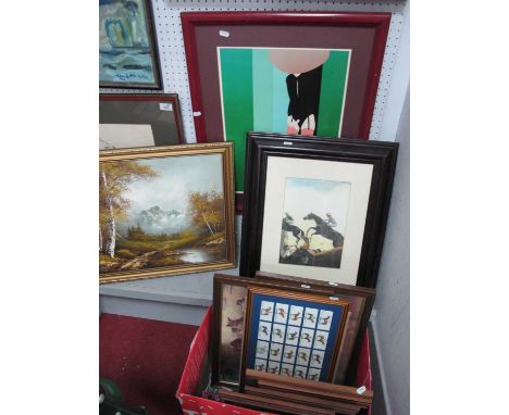 Wallace Mountain Landscape, oil on canvas, 40 x 50cm, prints, cigarette cards:- One Box. A Dalla Costa, stockings, print.