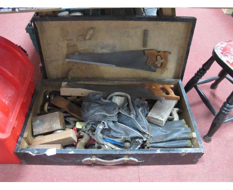 Tools - Swan, Spear &amp; Jackson, Henry Disston, g clamp, hand drill, Baily No 5½ plane, etc in black wood box.