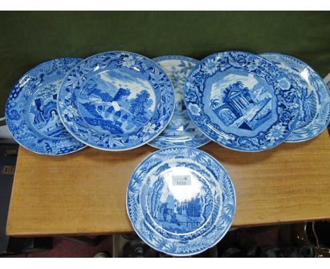 XIX Century Blue and White Pottery Plates, including Spode, Rogers (6).