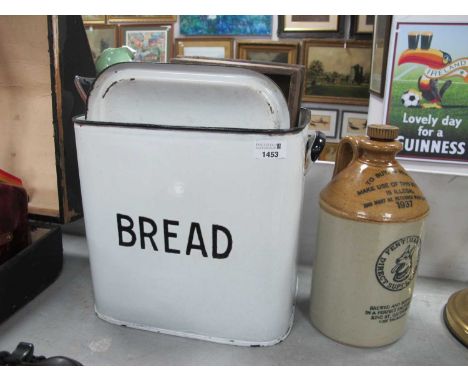 Enamelled Bread Bin, thermos jug, posses, flat iron, Fentimans flagon, cutlery box.