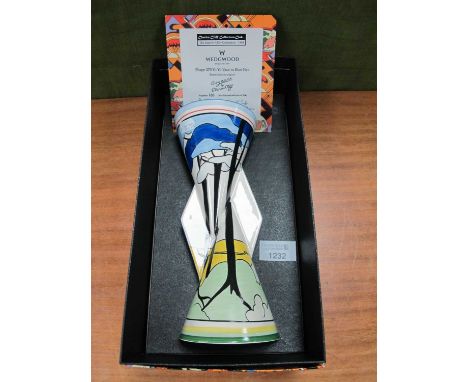 Wedgwood Clarice Cliff 'Yo Yo Vase in Blue Firs' 22.5cm high, with certificates and box.