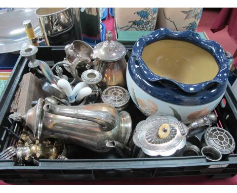 Lovatt's Langley Stoneware Jardiniere, plated tea service, cutlery, candelabra, etc:- One Box