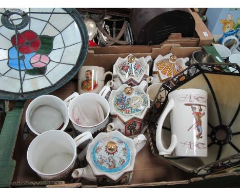 Sadler Novelty Teapots, British Army China tankards, pewter, two light fittings:- One Box