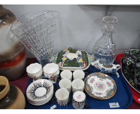 Royal Worcester '906' Six coffee Cups and Saucers, Shelley, glass decanter and fan vase, etc:- One Tray.