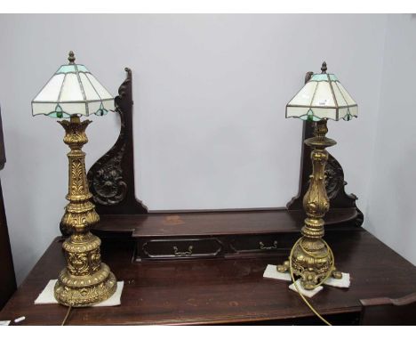 Pair of Gilt Metal Table Lamps, each with Tiffany style shade, 69cm high. (2)