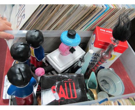 Wood, Bertie Bassett Teapot, Oriental bowl and egg cup, USSR badger, glass penguin, ECL money boxes, etc:- One TrayThese item