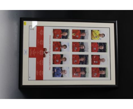 FOOTBALL - A FRAMED SIGNED ENGLAND 1966 WORLD CUP WINNERS PRINT, signed by Martin Peters, Gordon Banks and Geoff Hurst, glaze