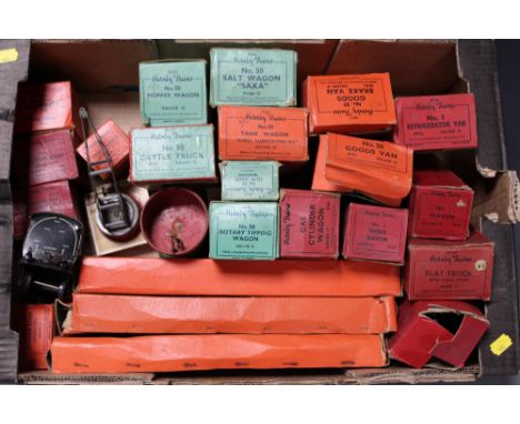 A COLLECTION OF MAINLY BOXED HORNBY 'O' GAUGE TINPLATE ROLLING STOCK ETC. to include 'Saxa' Salt Wagon, Hopper Wagon, Refrige