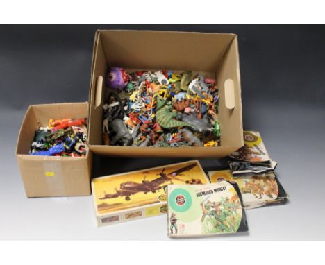 TWO BOXES OF ASSORTED BRITAINS AND OTHER PLASTIC FIGURES, including soldiers, space animals, dinosaurs, etc., together with a