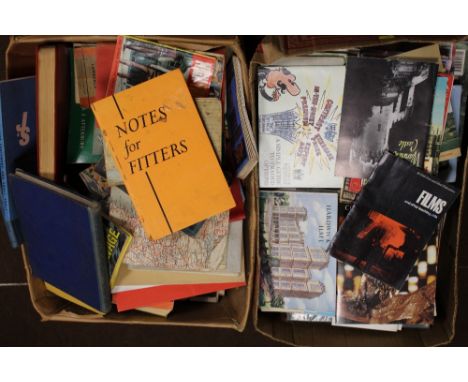 TWO BOXES OF VARIOUS BOOKS, MAGAZINES AND GUIDE BOOKS ETC, relating to football, stamp collecting, vehicle maintenance etcCon