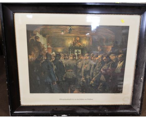 A WWI GERMAN INTEREST MILITARY PRINT DATED 1915, depicting a Christian service, being conducted in an underground dug out, ti