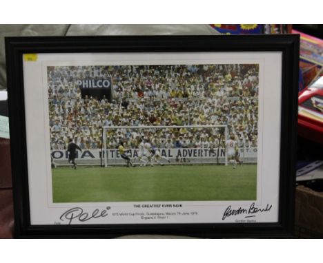 FOOTBALL - 'THE GREATEST EVER SAVE' A FRAMED COLOURED PRINT SIGNED BY PELE AND GORDON BANKS, celebrating the save by Banks fr