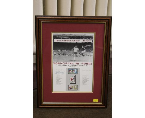 FOOTBALL - A FRAMED SIGNED PRINT OF THE TWO 1966 WORLD CUP FINAL TEAMS SIGNED BY SIR ALF RAMSAY, with three commemorative sta