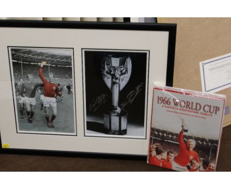 FOOTBALL - A SIGNED FRAMED COLOURED PRINT OF JACKIE CHARLTON CELEBRATING WITH THE 1966 WORLD CUP, together with a black and w