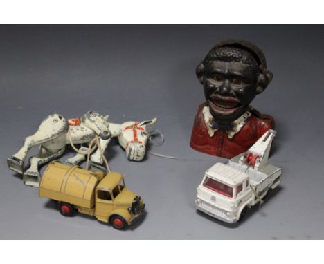 A MOKO LESNEY 'MUFFIN THE MULE' DIECAST METAL PUPPET, a 'Little Joe' mechanical money box, Dinky diecast Bedford refuse truck