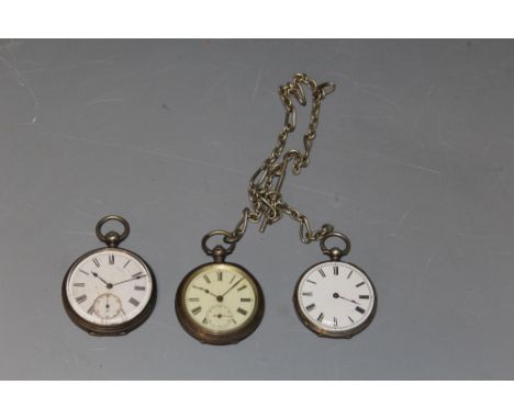 THREE SILVER FOB / POCKET WATCHES, one on a chain, all with white enamel open faces & black Roman numeral markers, the larges