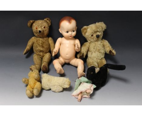 A CHAD VALLEY MOHAIR TEDDY BEAR (height 40 cm), two other playworn teddy bears, a soft toy cat and sheep together with a Pedi