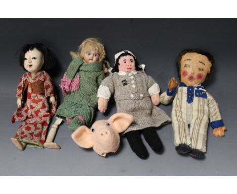 A COLLECTION OF SMALL VINTAGE DOLLS TO INCLUDE A GERMAN BISQUE HEADED EXAMPLE, with fixed blue glass eyes, impressed marking 