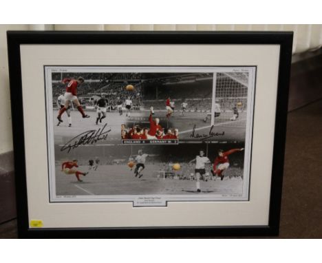 FOOTBALL - A FRAMED SIGNED 1966 WORLD CUP FINAL COLOURED PRINT SHOWING THE FOUR ENGLAND GOALS, signed by Martin Peters and Ge