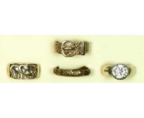A silver elephant family ring, M and three other silver rings, 21gm 