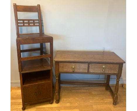 A Georgian oak country house dining chair, having carved splat back, raised on tapered legs and stretcher supports, together 