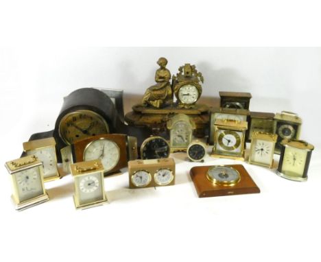 Three boxes of mid 20th century and later carriage clocks, traveling alarm clocks, and mantel clocks, having manual and quart