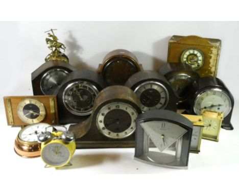 A collection of mantel clocks, to include Smiths bakelite and Westminster chime examples, having manual wind 8 day movements,