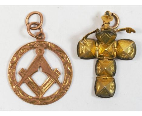 A Victorian 8c gold and silver gilt Masonic ball pendant, stamped 8C, diameter 10mm, 3.9gm and a rose gold Masonic square and