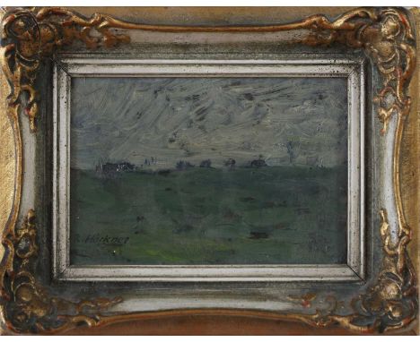 RUDOLF HÖCKNER (1864 Wolkenstein - 1942 Bad Mergentheim) Öl auf Platte, "Karge Felderlandschaft, im Hintergrund Bauernhäuser"