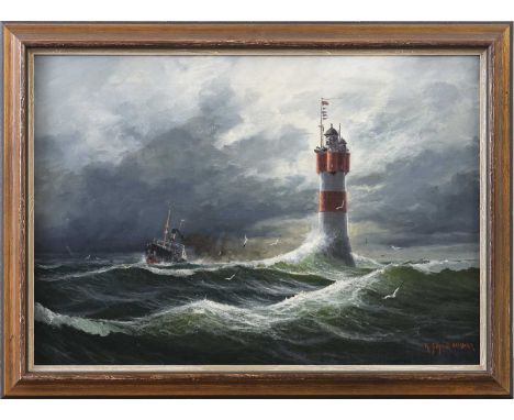 ROBERT SCHMIDT-HAMBURG (1885 Berlin - 1963 Laboe) Öl auf Leinwand, "Dampfer in stürmischer See am Rote Sand Leuchtturm" (1913