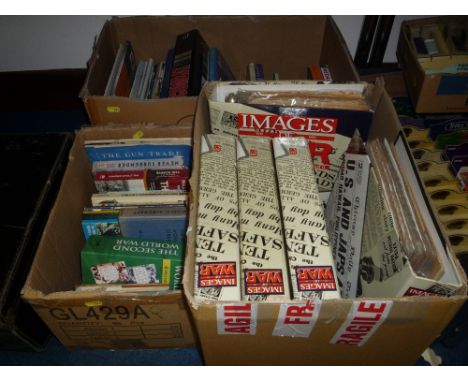 A LARGE BOX CONTAINING BOOKS, both soft and hard cover relating to military covering WWI and WWII, including medal yearbook, 