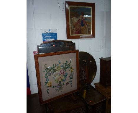 A 19TH CENTURY NEEDLEWORK PICTURE, in oak frame, brass top folding table and a firescreen (3)