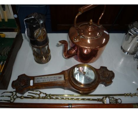 A PROTECTOR LAMP, copper kettle, barometer, walking stick and two brass toasting forks (6)