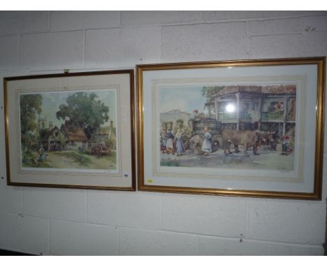 ERIC STURGEON, two signed country prints with blind stamps, grapes being loaded into barrel on cart and farmyard scene with c