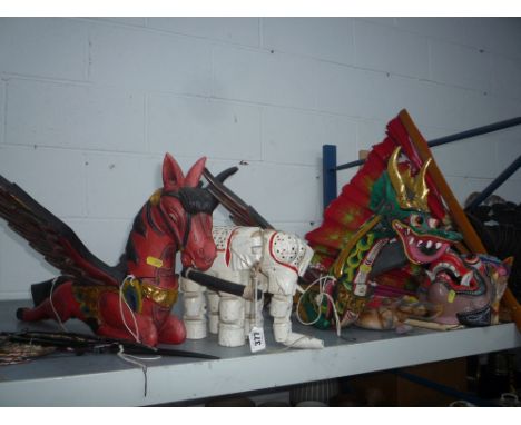 VARIOUS WOODEN ITEMS/PUPPET/FANS , etc to include flying horse, Dragon, elephant, a mask, flying frog, etc