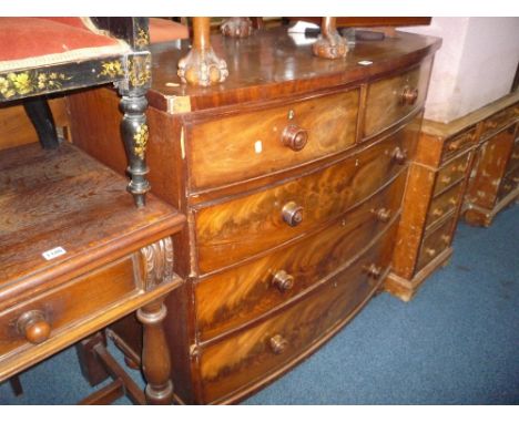 A VICTORIAN MAHOGANY BOW FRONT CHEST OF TWO SHORT AND THREE LONG DRAWERS, (s.d)