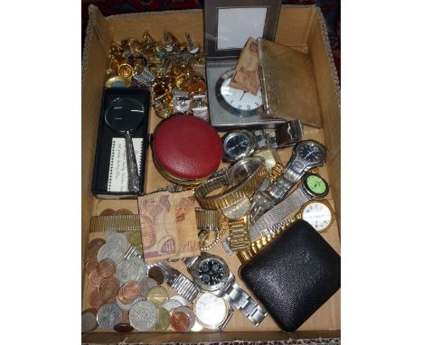 A MIXED LOT, to include cufflinks, watches, coins etc