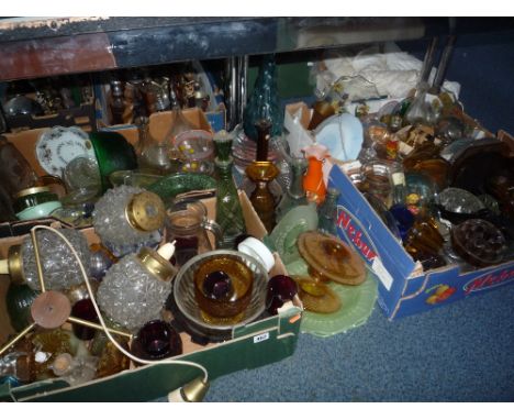 FOUR BOXES AND LOOSE GLASSWARE, LIGHT FITTING, ETC